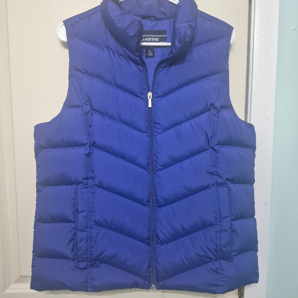 Lands' End Women's Blue 600-Fill Down Puffer Vest Size L Chevron Quilted